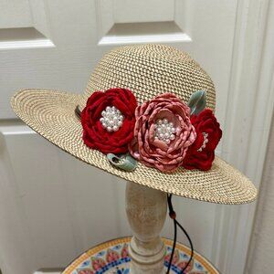 Elegant Women's Tweed Sun Hat With Satin Flowers And Pearls Special Event (NEW)